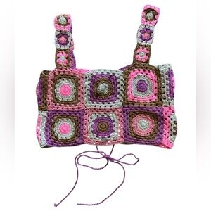 Nuna Amautta Crochet Granny Square Top Pink Purple Boho Tie Back